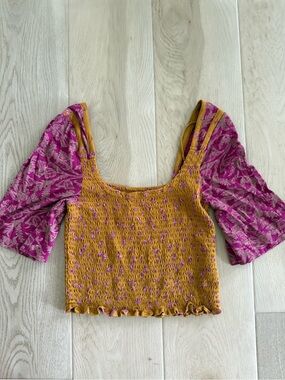 Free People Mustard Body with Magenta Puff Sleeve Smocked Crop Top